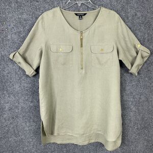 Ellen Tracy Linen Pullover 1/2 Zip Tunic Top Women L Olive Green Chest Pockets